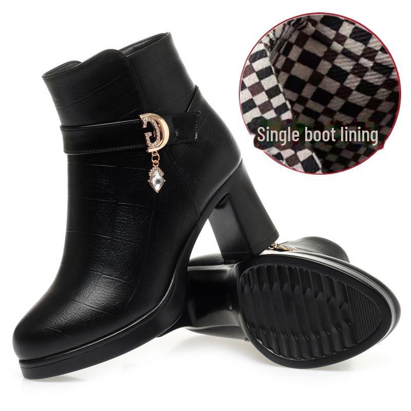 Women's High Heel Winter Boots - Waterproof Leather, Thick Platform, Plus Velvet Fashion Design