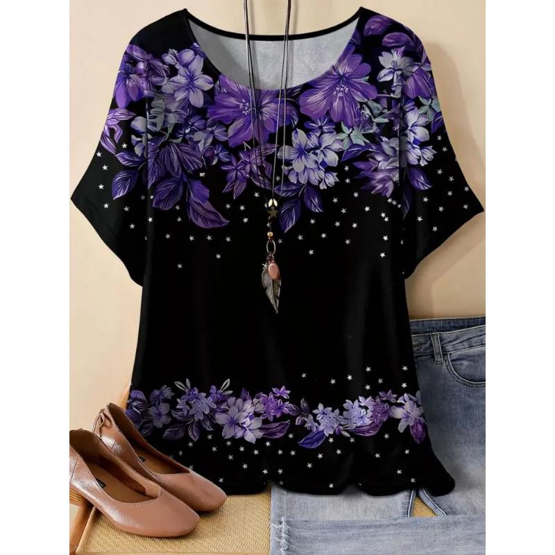Fashion Women's 3D Flower Color Printing Flower Short Sleeve Crew Neck T-Shirt Crew Neck Short Sleeve