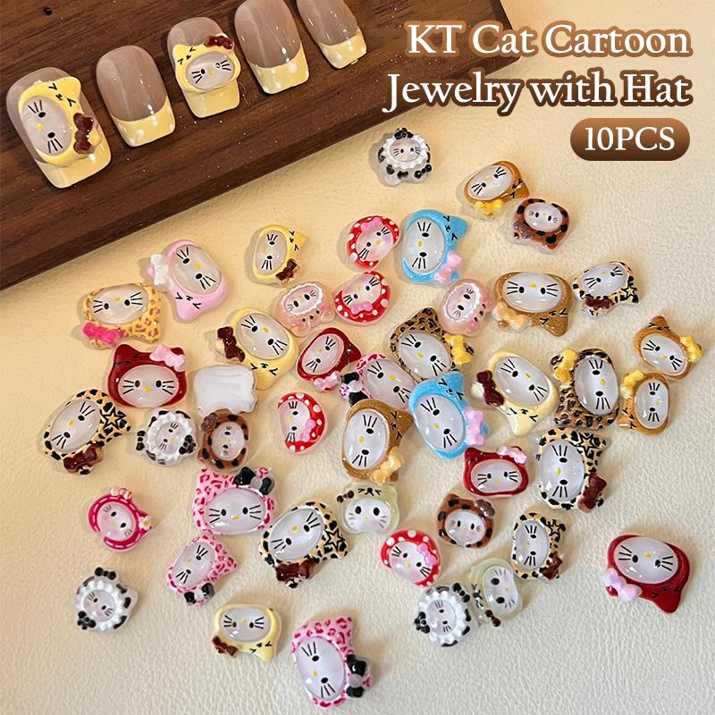 10Pcs/Bag 3D Cartoon Hello Kitty Nail Charms Mixed Resin Kitty Cat With Bowknot Nail Art Decoration Kawaii Glittery Kt Nail Part