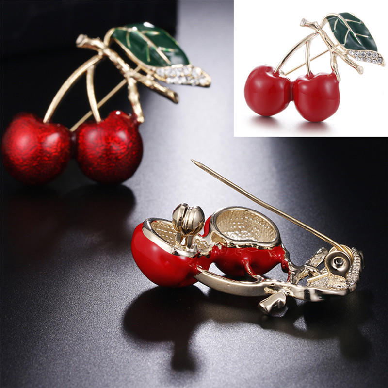 Red Enamel Cherry Metal Brooch Pins Button Brooches Sweater Clip Jewelry