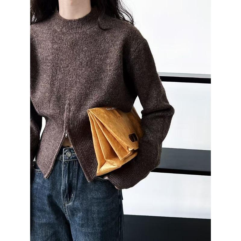 Autumn Round Neck Zipper Design Long Sleeved Knitted Sweater Loose Solid Color Casual Fashion Office Pullover Women Sweaters Female Clothing