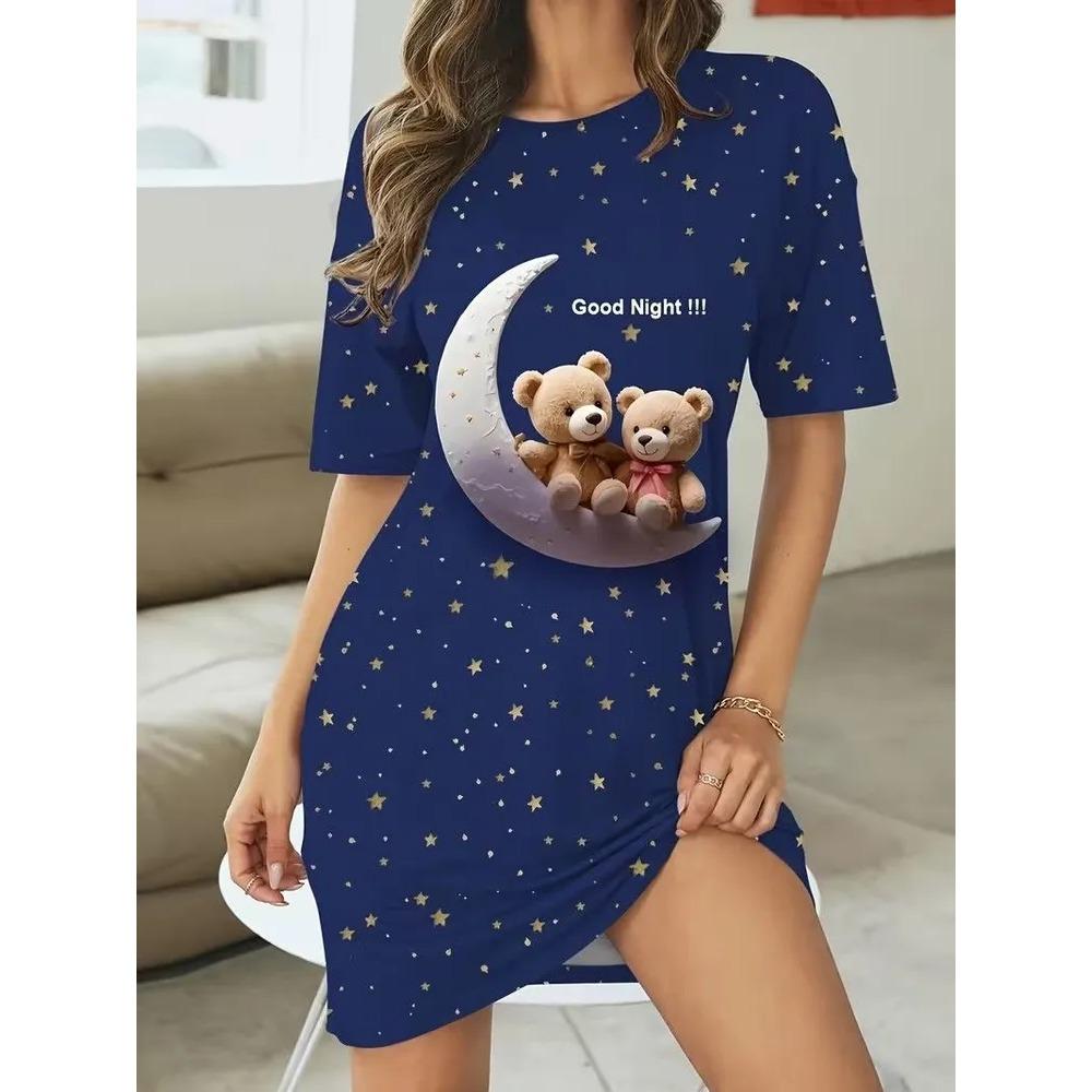 Summer Fashionable Colorful Cartoon Pattern Women Mini Dresses Short Sleeve Printed Plus Size Casual Comfortable Soft Dress