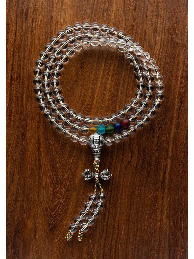 8-12mm White Crystal Buddhist Beads with Glass Rosary & Vajra Accessories.