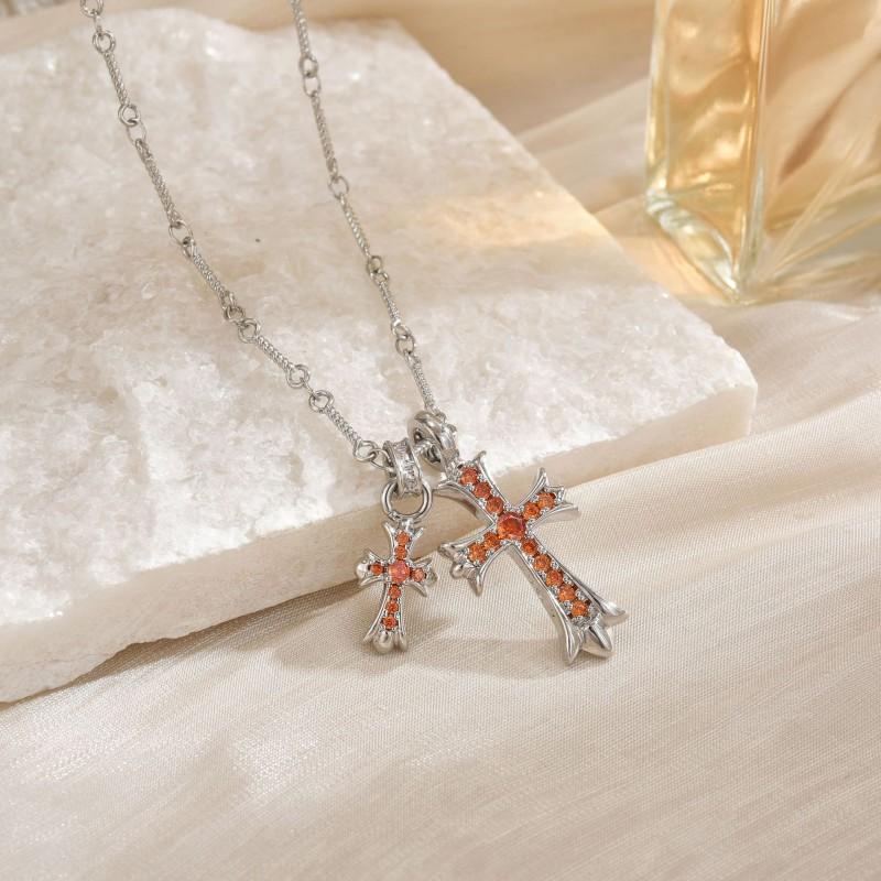 Double Cross Pendant Necklace Couples Titanium Steel Charm With Colored Cubic Zirconia Gold Rose Chain