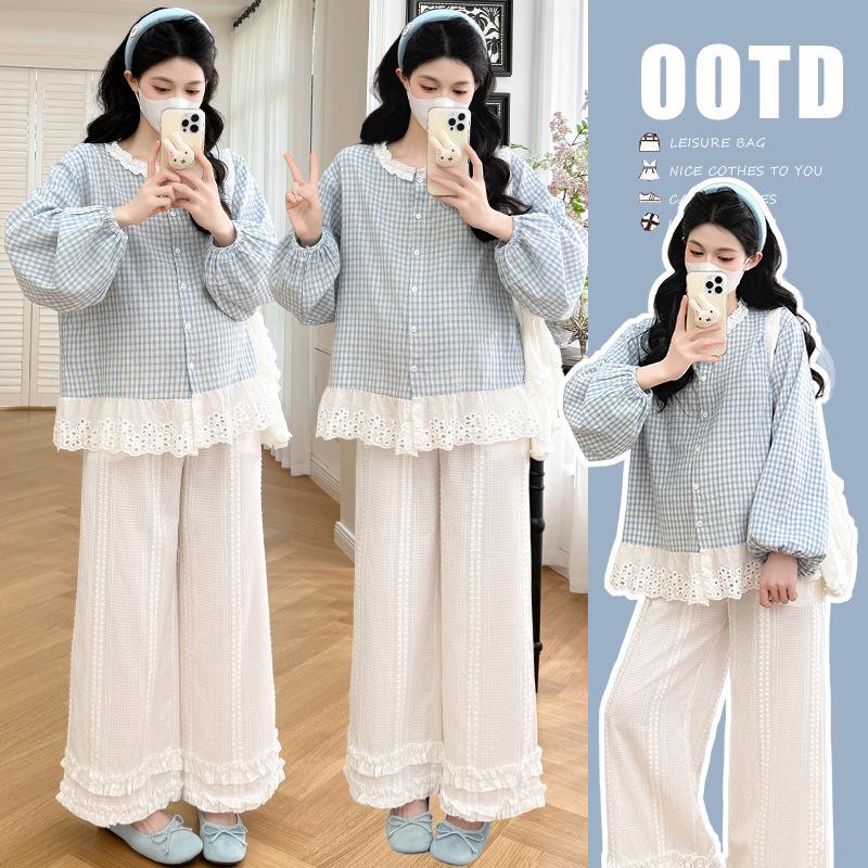 2026 Spring Maternity Fashion Set: Fresh Plaid Shirt + Adjustable Wide-Leg Pants L