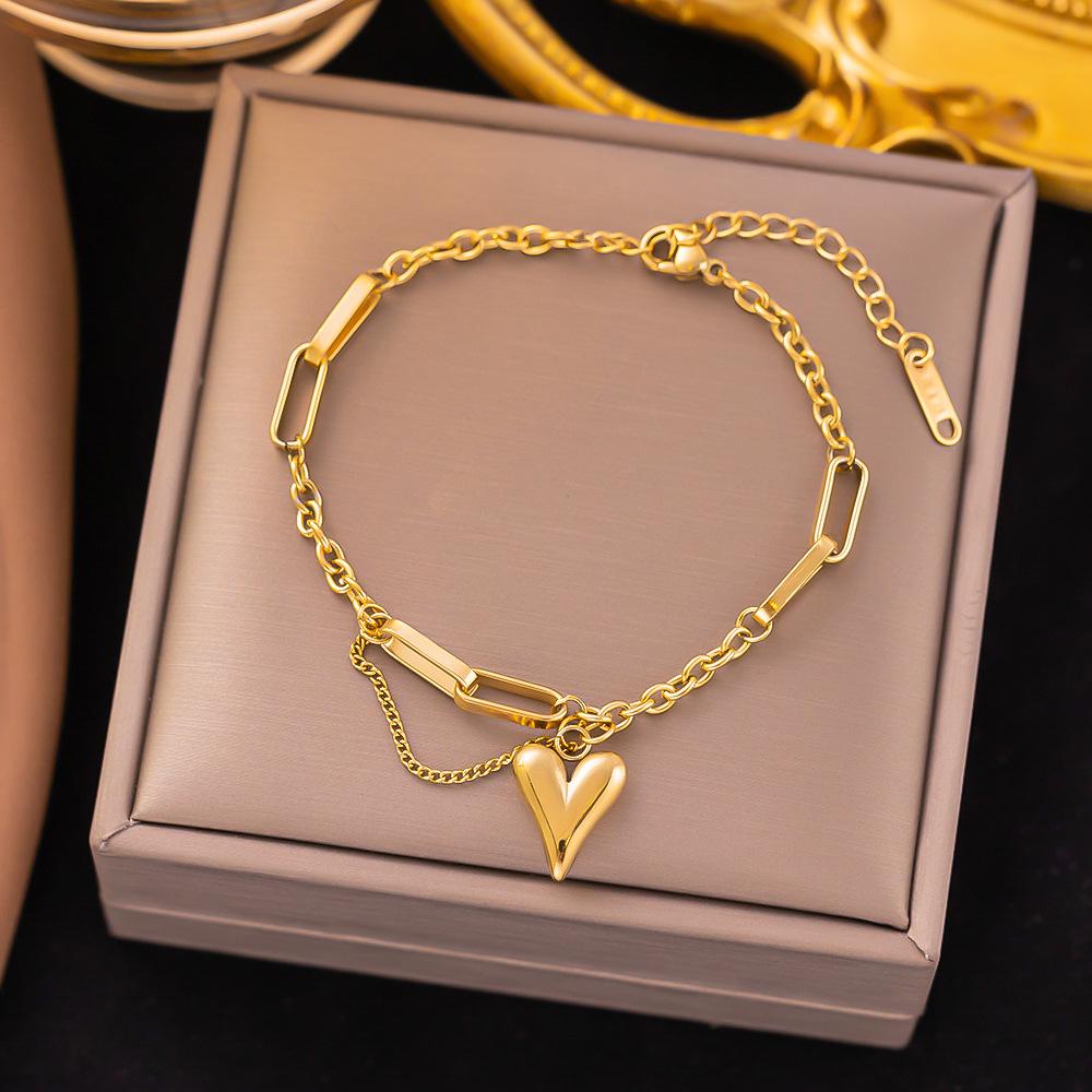 Gold Tone Layered Heart Charm Bracelet – Stainless Steel Paperclip Chain Bracelet, Adjustable Love Jewelry for Women Party Daily Wear