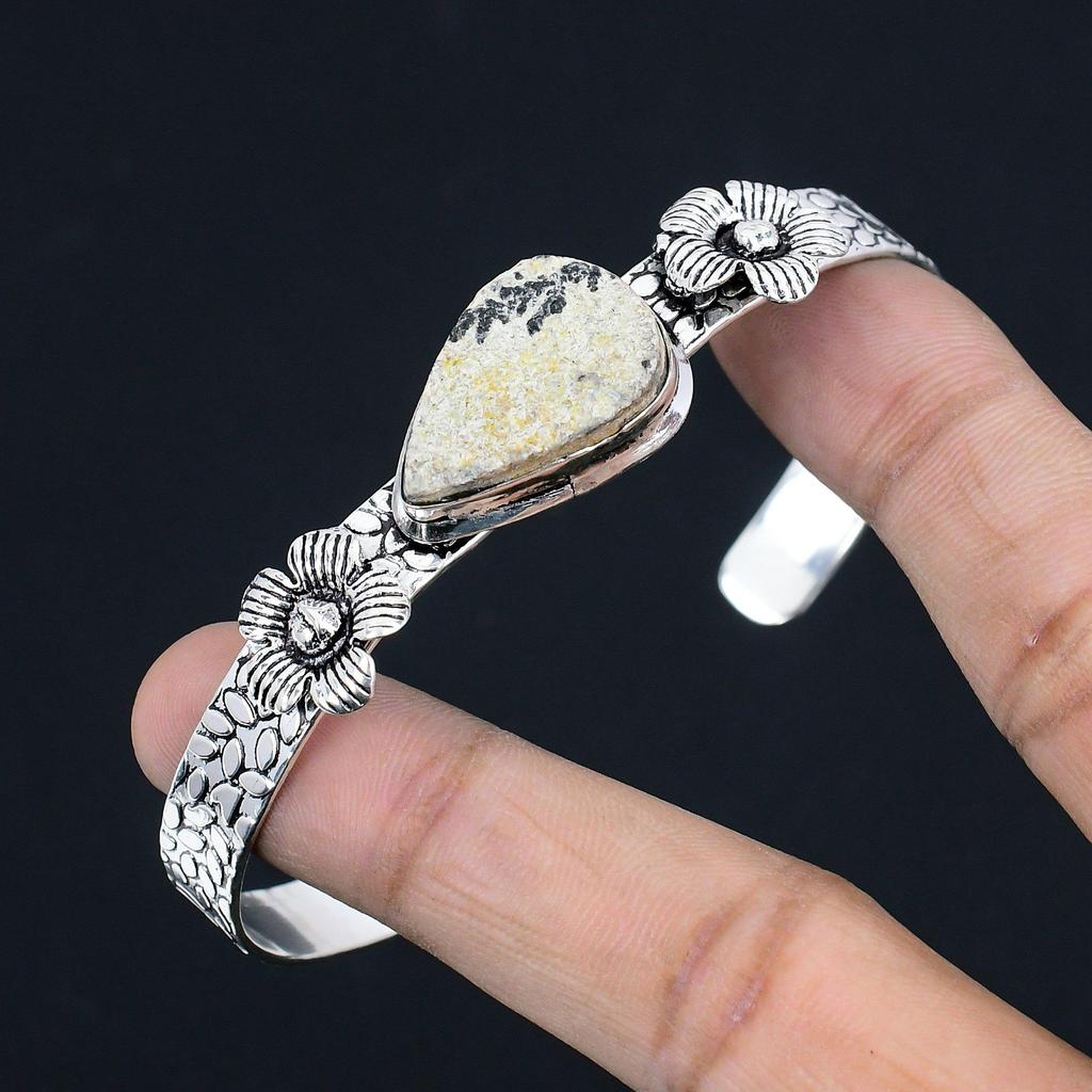 Sterling Silver Psilomelane Dendrite Stone Handcrafted Flower Bangle Bracelet