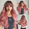 26 Inch Brown Gradient Pink Ombre  Long Curly Hair With Bangs Elegant and Fashionable Synthetic Wig For Ladies KTB