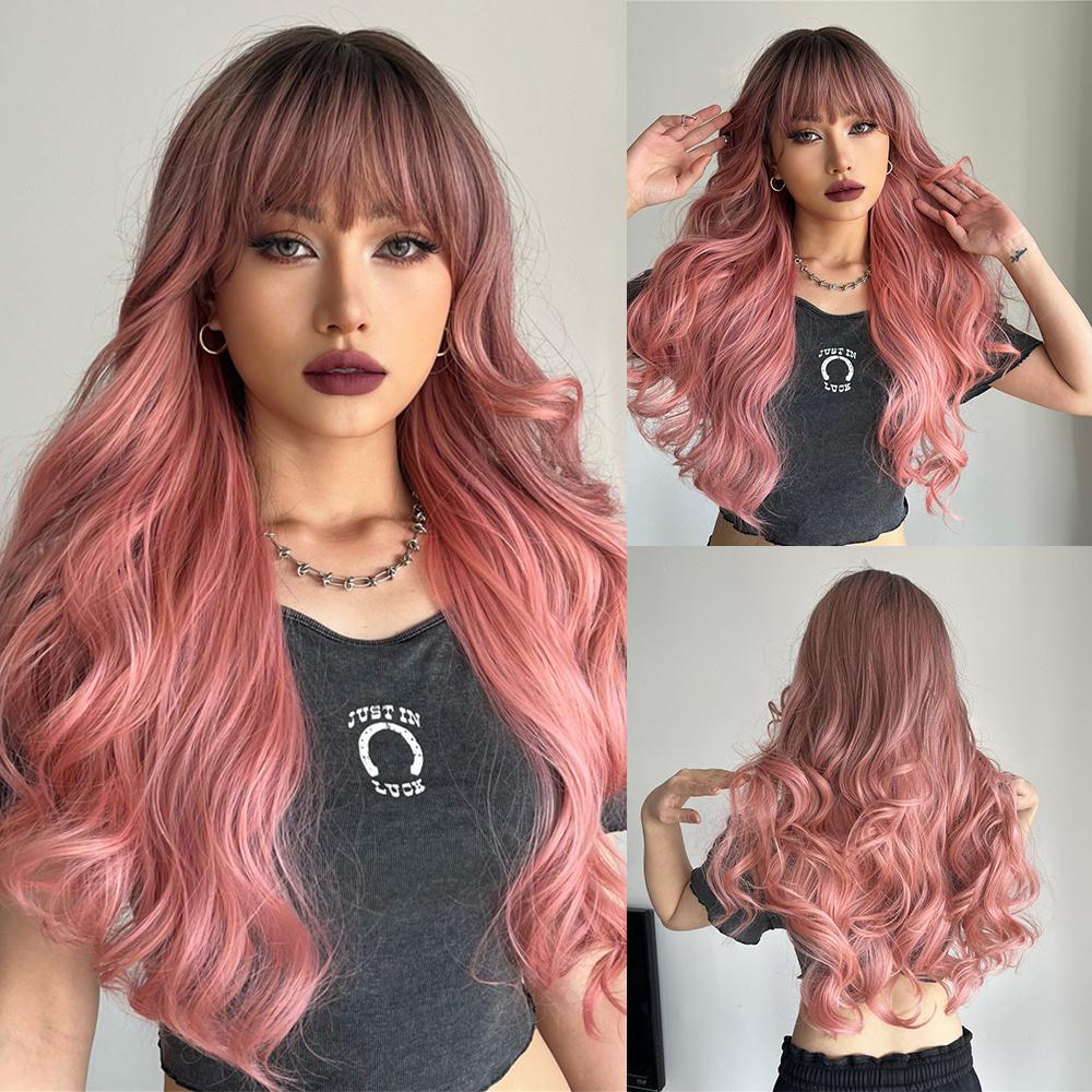 26 Inch Brown Gradient Pink Ombre  Long Curly Hair With Bangs Elegant and Fashionable Synthetic Wig For Ladies KTB
