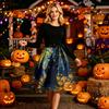 Women Crew Neck Halloween Print Dress Long Sleeve Casual Style and Patterned Midi Dress with Ribbon Waist Tie