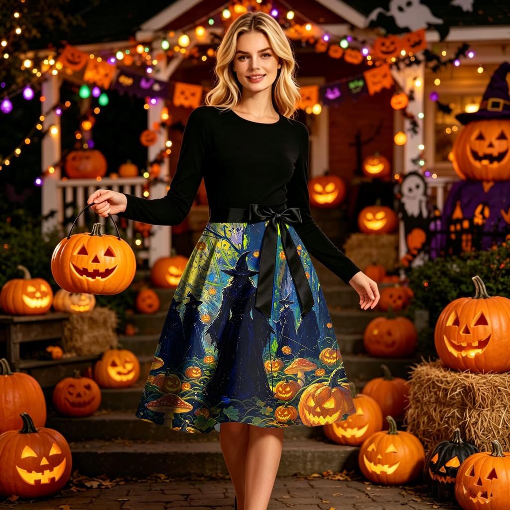 Women Crew Neck Halloween Print Dress Long Sleeve Casual Style and Patterned Midi Dress with Ribbon Waist Tie