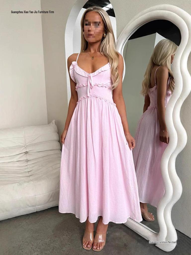 2026 European Spring/Summer Spaghetti Strap Ruffle Dress - Casual Loose Vacation Wear for Women