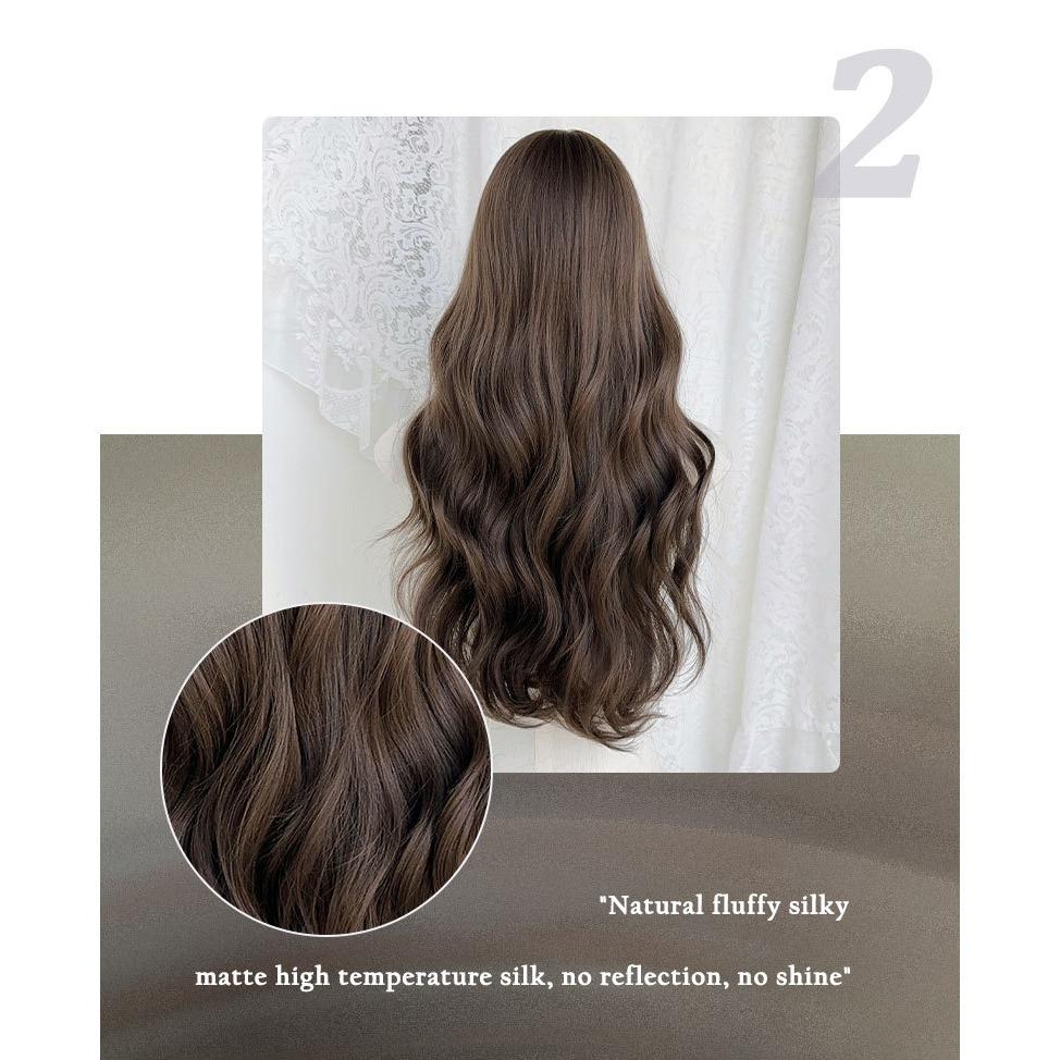 Middle East Cool Brown Big Waves Wig for Women - Air Bangs Long Curly Hair, Heat Style Trim Ready, European American Daily High Quality