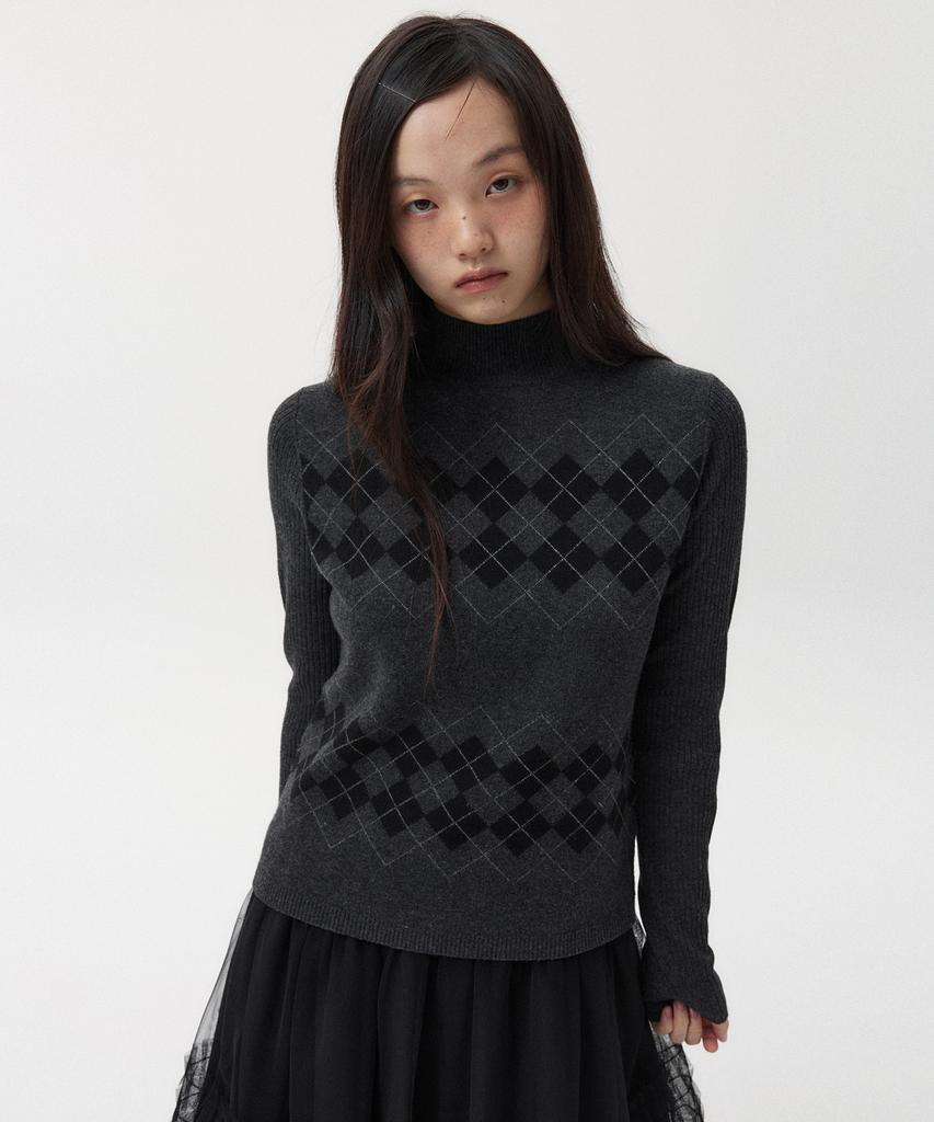 Ohesio Argyle Half Neck Ribbed Knit, Charcoal