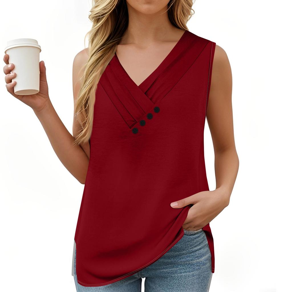 Women's Solid Color Vest Summer Button-down V-neck T-shirt Sleeveless Loose Fashion Top