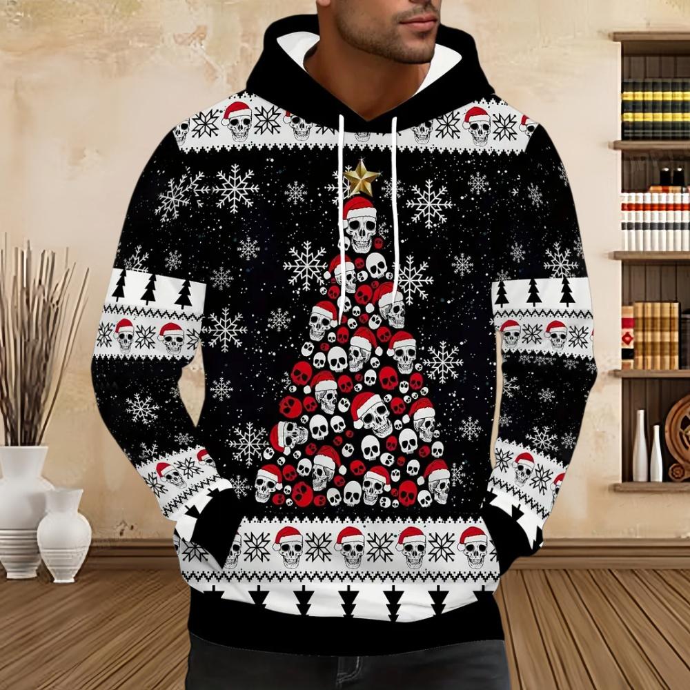 Men's Fashion Christmas Skull Tree Pattern 3D Print Long Sleeve Hoodie Sweatshirt Large Pocket Pullover Oversize Sweatshirts Top