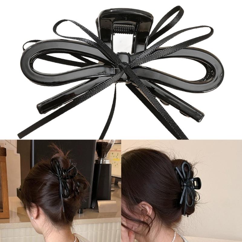 Lightweight Ergonomic Hair Claw Clip With Ribbon Bows Practical Acrylic Hairpin Hair Ornament For Office School Styling