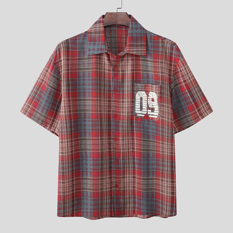 INCERUN Oversized Men Lapel Neck Short Sleeve Plaid Print Shirts Tops