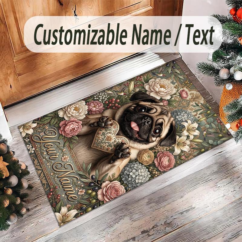 Pug Theme Crystal Velvet Floor Rug Personalized Custom Name Text Warm Carpet Home Decoration