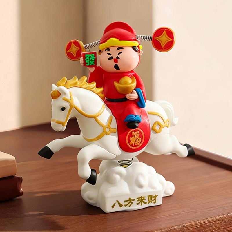 Lucky God of Wealth On Horse Statue Swaying Spring Motion Ornament For Desktop Decors And Vehicle Interior Enhancement