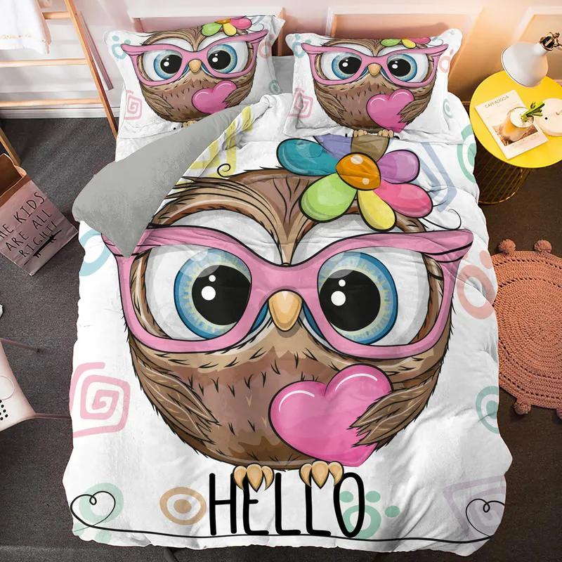 Kawaii Cartoon Owl Duvet Cover Set Full Queen King Size Owl Bedding Set for Girls Boys Brown Owl Cartoon Animal Comforter Cover