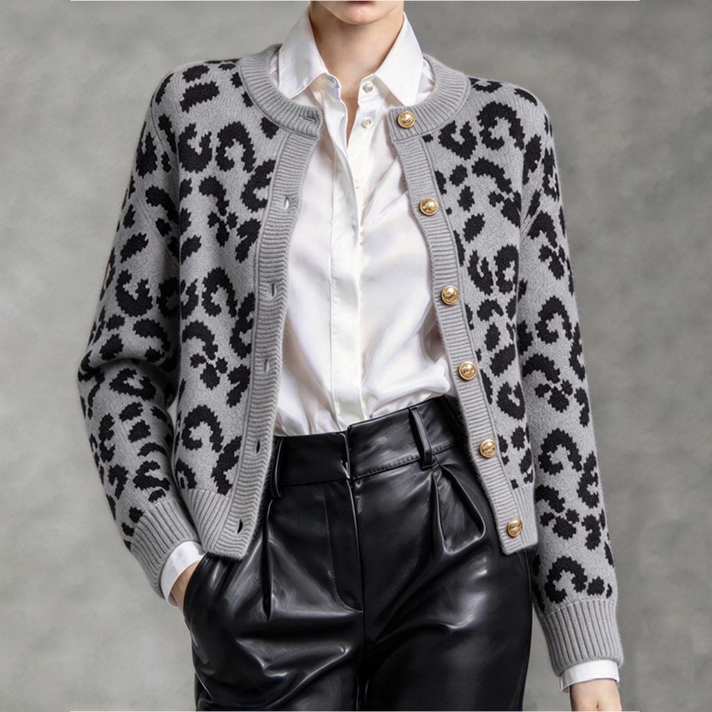 Women's Leopard Print Knit Cardigan Long Sleeve Round Neck Trim Casual Outerwear