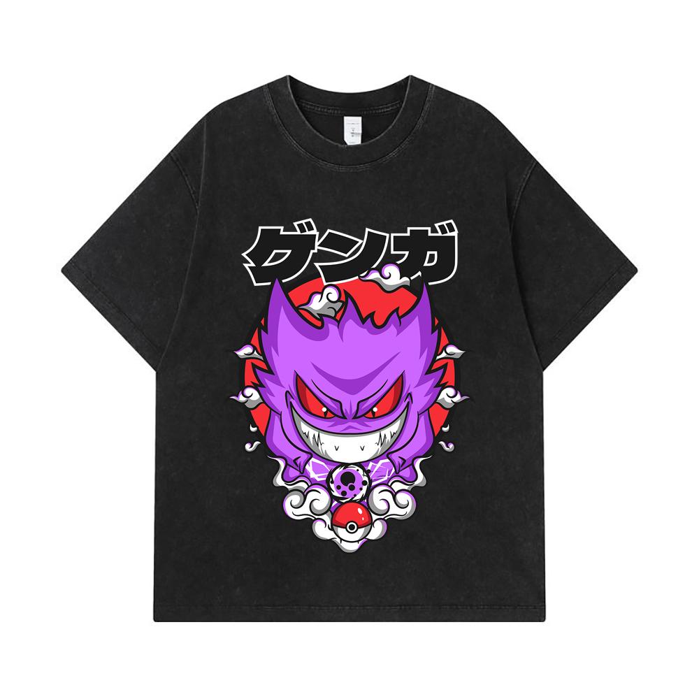275 GSM Washed T-shirts 100% Cotton Pokemon V10 Gengar Print Unisex Heavy Cotton T Shirt