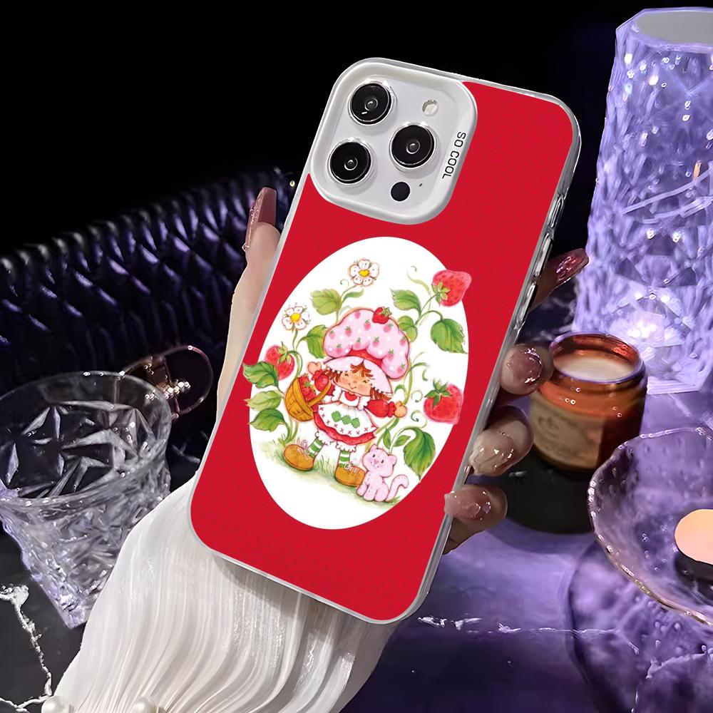 Pink Strawberry Cartoon S-Shortcake Phone Case For iPhone 16 15 14 13 12 11 Pro Max White Matte Laser Metallic Aurora Funda
