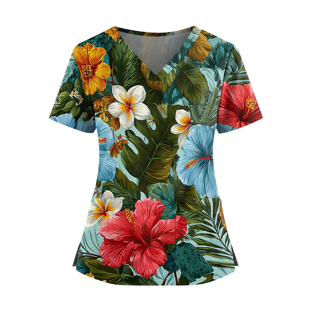 Women's Hawaiian Print V-Neck Double Pocket Short Sleeve Uniform/ Top