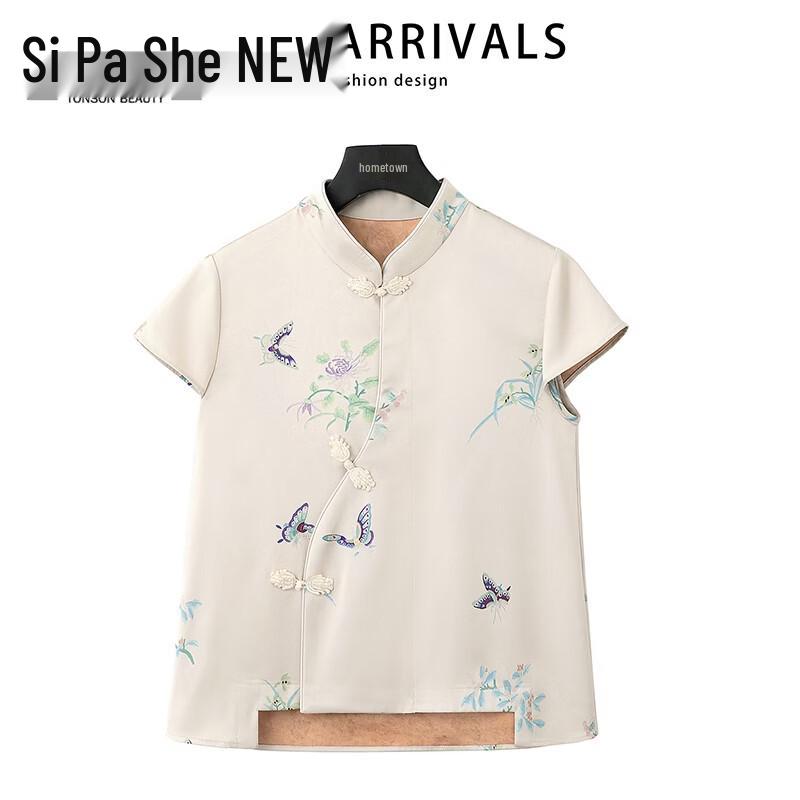 Women s New Chinese Style Printed Frog Button Short Sleeve Shirt XL