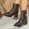 Fashion Vintage Pointed Toe Women Ankle Boots Shoes Autumn Winter Thick High Heels Short Booties Zapatos Mujer