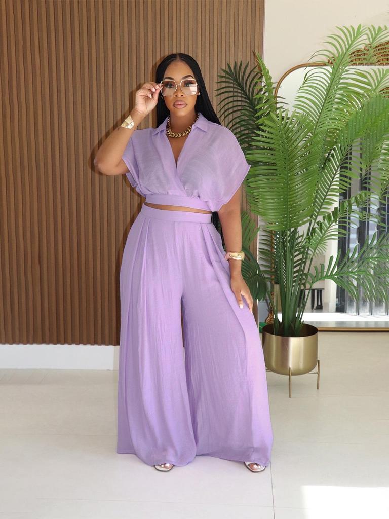 TW716 Trendiges Europäisches & Amerikanisches Plus-Size Lässiges Urlaubs-Revers-Oberteil & High-Waist Weitbeinige Hosen Set