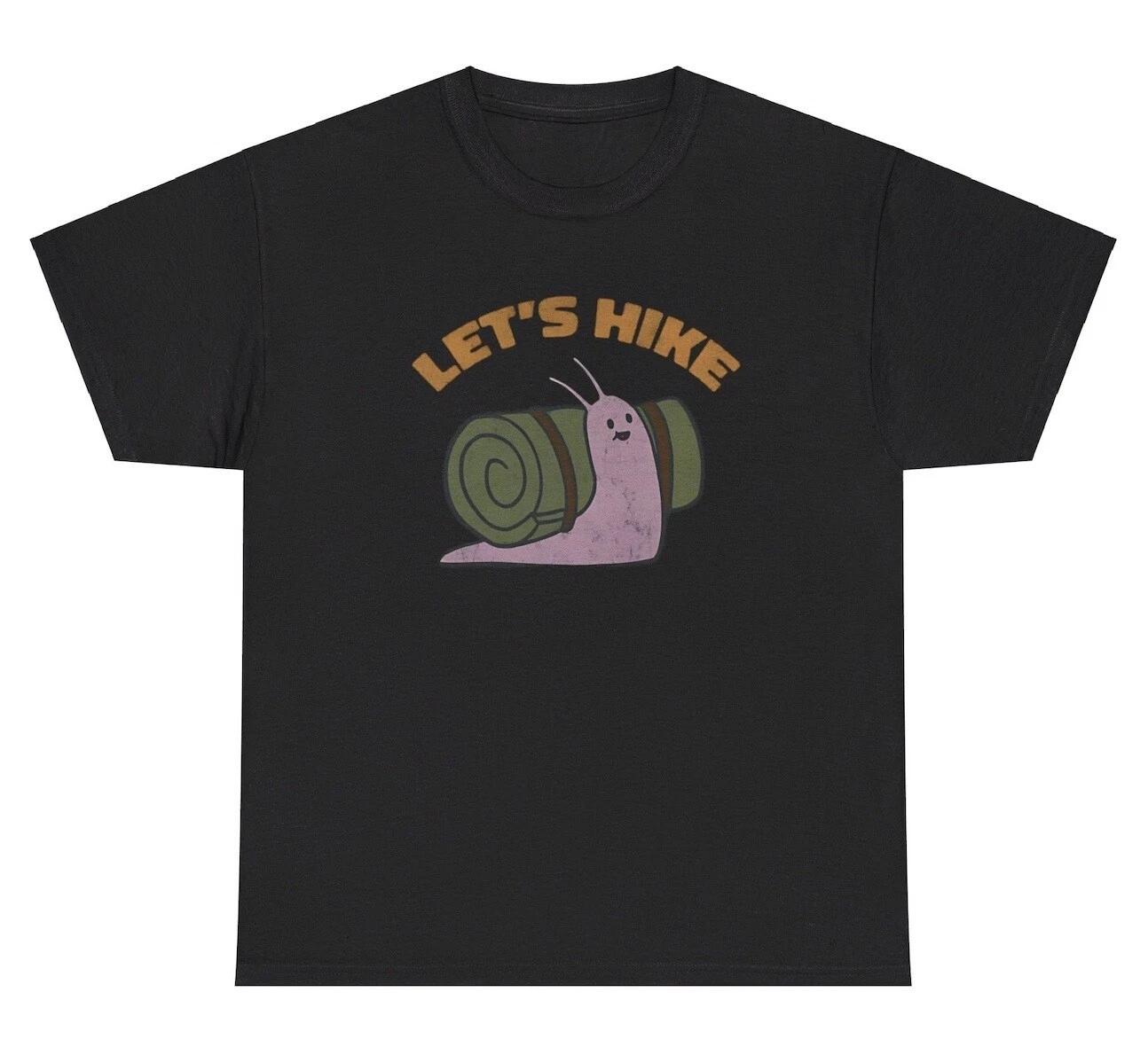 Let’s Hike T Shirt Funny Slow Hiker Slug Graphic Meme Oddly Specific Humor Tee L