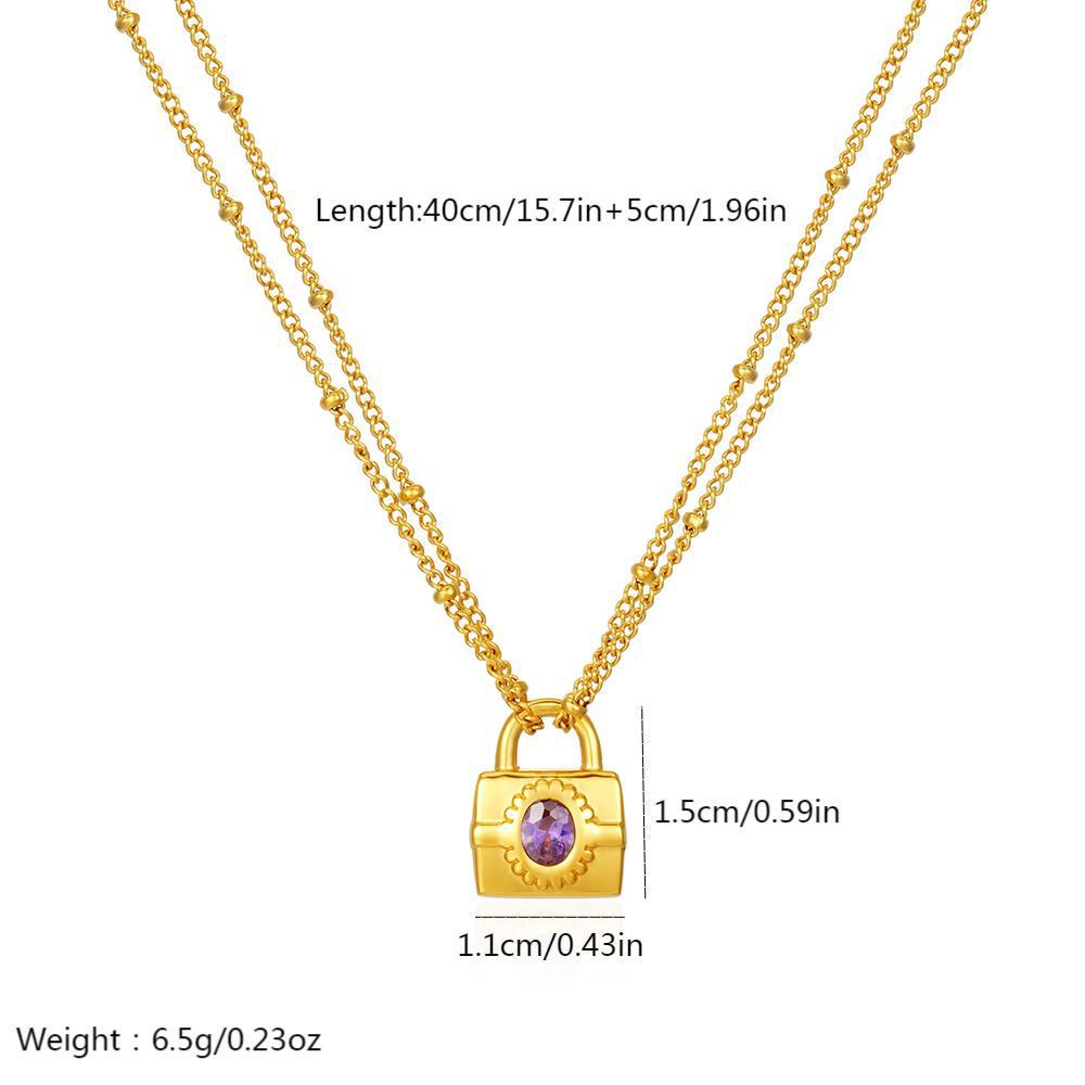 Minimalist Purple Diamond Padlock Pendant Necklace - Stainless Steel Double-Layer Clavicle Chain for Women