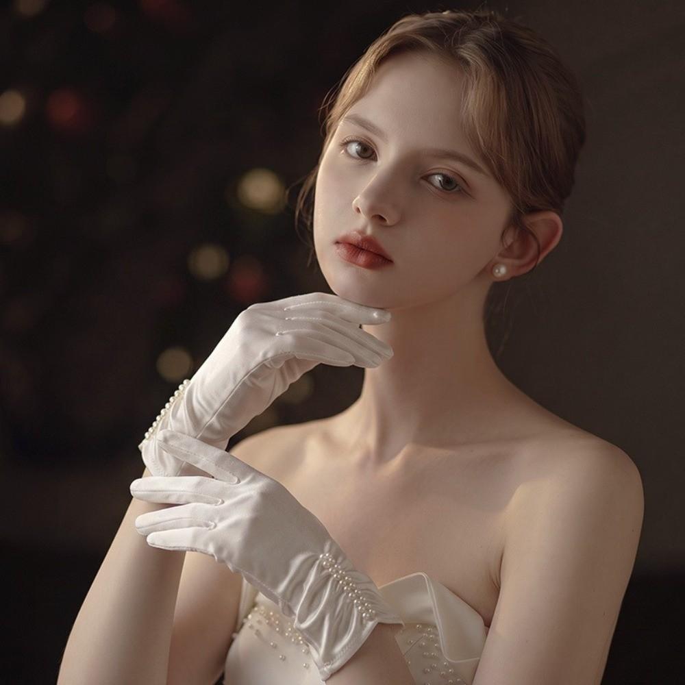 Pearl Decor Full Finger Gloves Ruched Cuff Wedding Accessories Gloves Bridal Gloves  Photoshoot Use