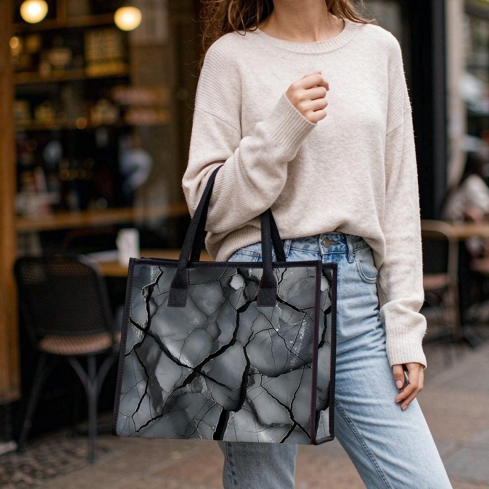 Grey Cracked Pattern Tote Bag Large Capacity Casual Handbag for Daily Outdoor Shopping Use