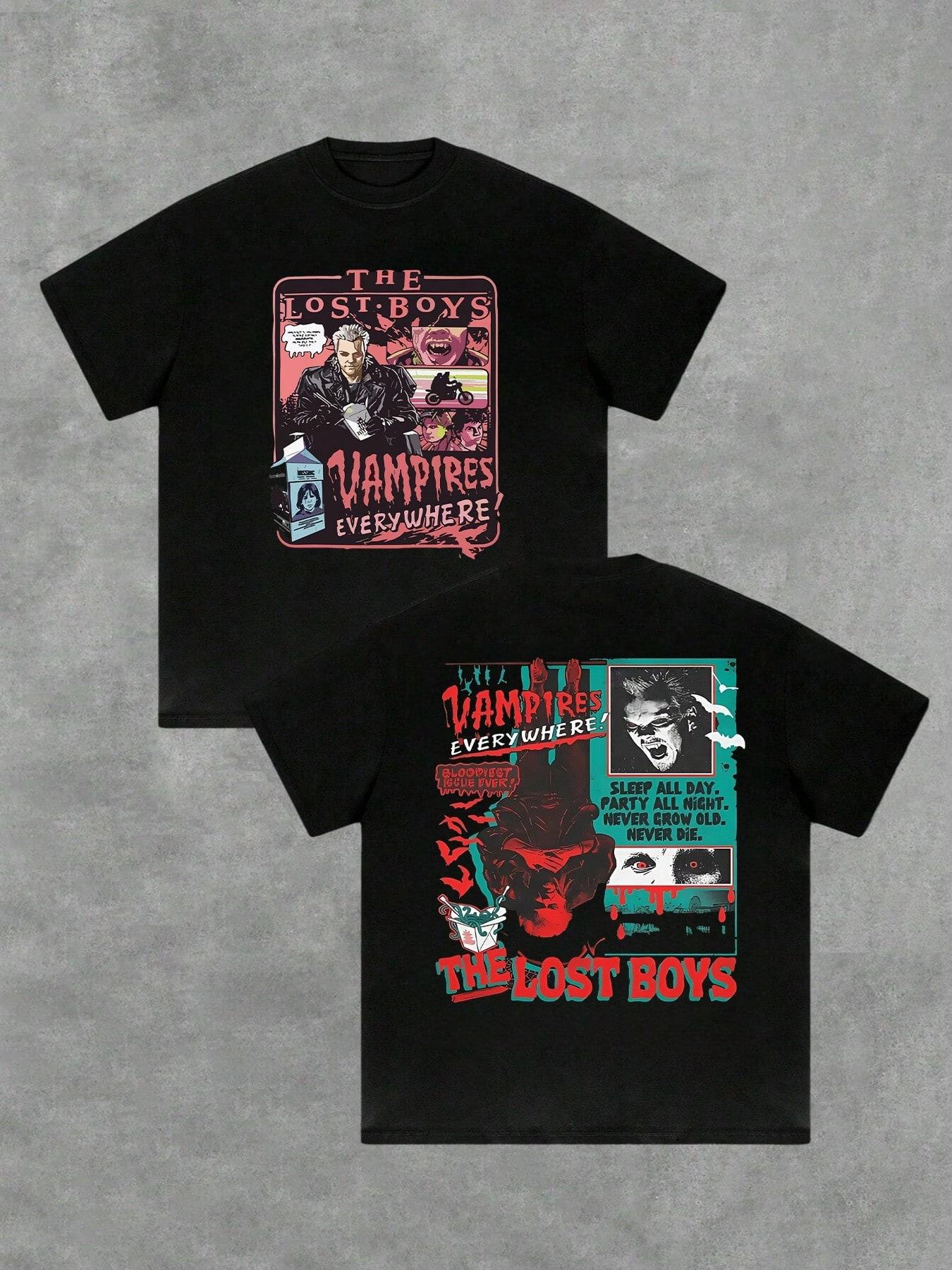 

American Retro Men s Vampire Ubiquitous Double-sided Printed T-shirt Horror 260g All Season Casual Fashion Streetwear 4XL