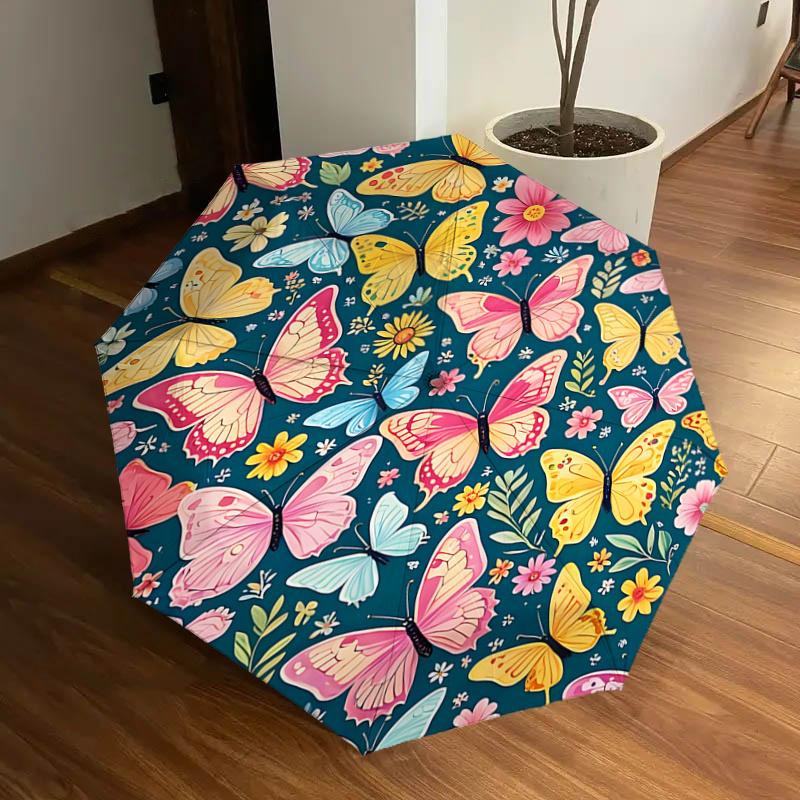 

Colorful Butterfly & Flower Print Automatic Opening Folding Umbrella with 8-Bone Iron Frame - Portable Design for Outdoor Use, Festive Gift,