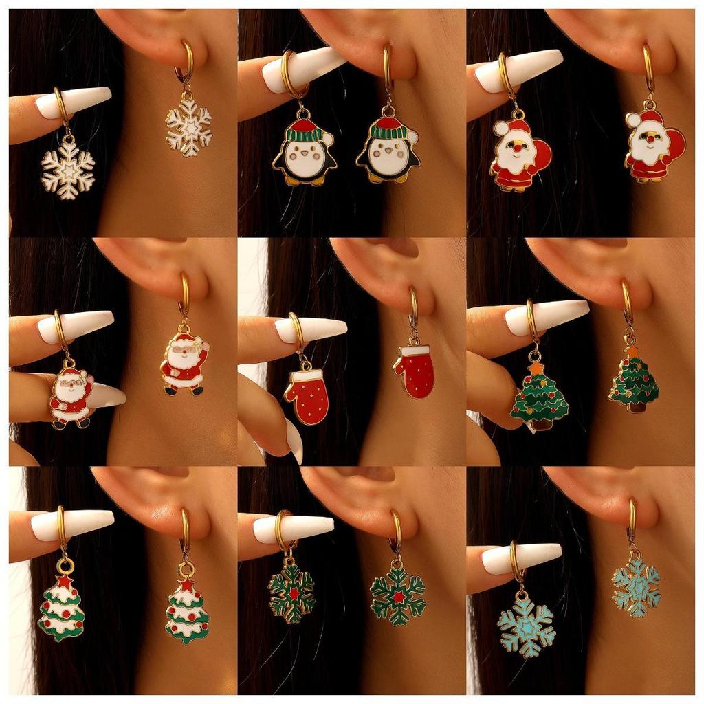 Festive Christmas Earrings: Snowflake, Tree & Santa Claus Stainless Steel Ear Cuffs with Drip Oil