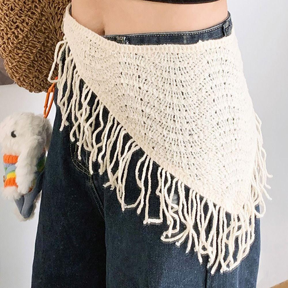Bohemian Knitted Butt Flap Hollowing Out Tassel Hip Apron Triangular Scarf Tie Straps  Women Girls