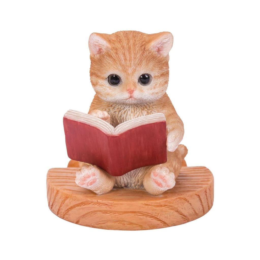 Ubia Brown Tabby Cat Reading a Book, Smartphone Stand, 9 x 7.5 x 8 cm, Doll, Figurine, Ornament, Animal, Garden Decor, Cat, H22332