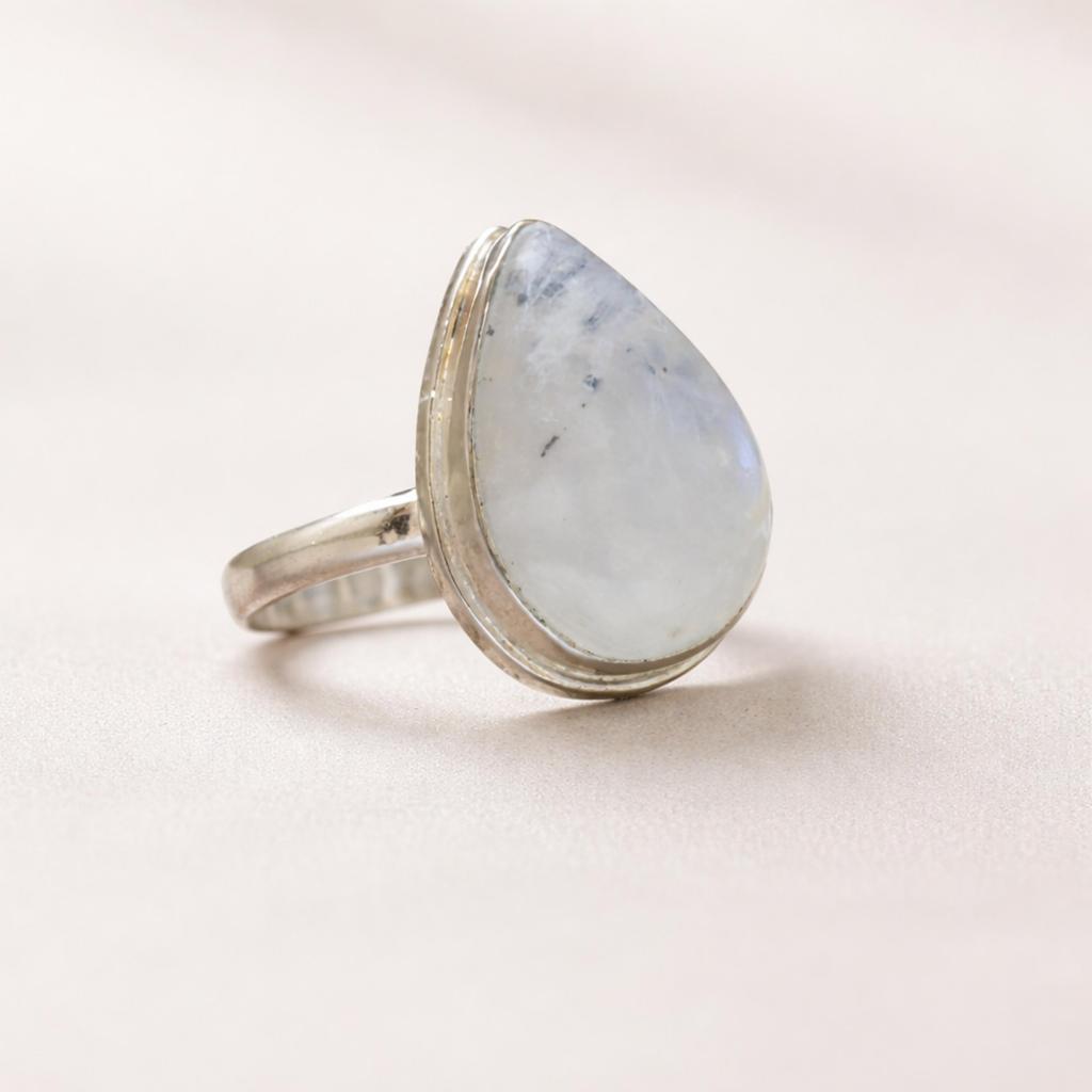 Rainbow Moonstone Pear Statement Ring, 925 Sterling Silver Jewelry, Handmade Blue Flash Gemstone Ring