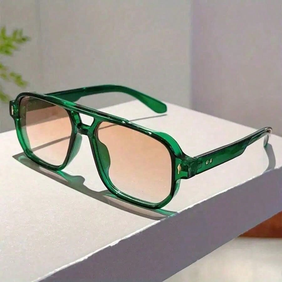1 Stück Retro Damen Square Doppelte Brücke Brille - Transparenter Grüner PC-Rahmen, Leichte Schutzlinse, Lässige Unisex Vielseitige Brille