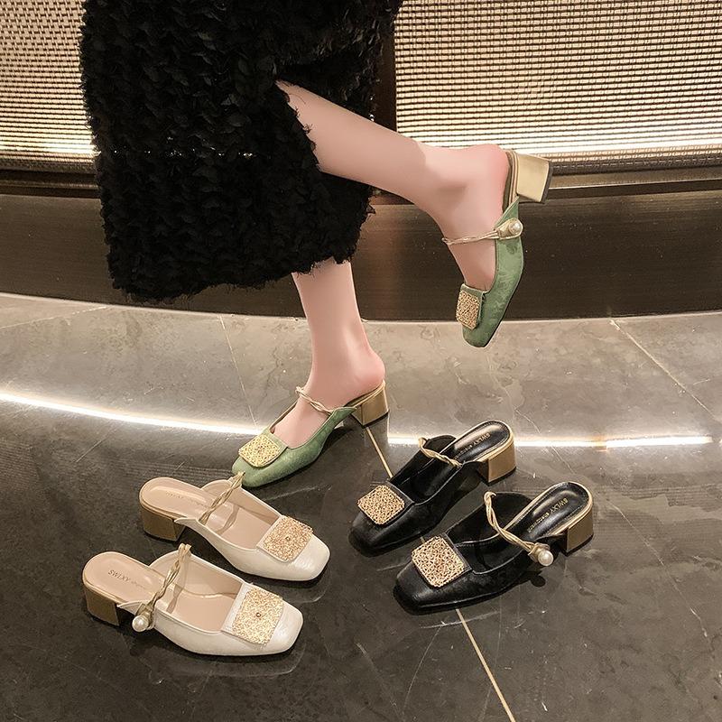 Baotou Half Slippers Women with Spring and Summer Chinese Mary Jane Slippers Rear Empty Thick Heels Cool Slippers Women