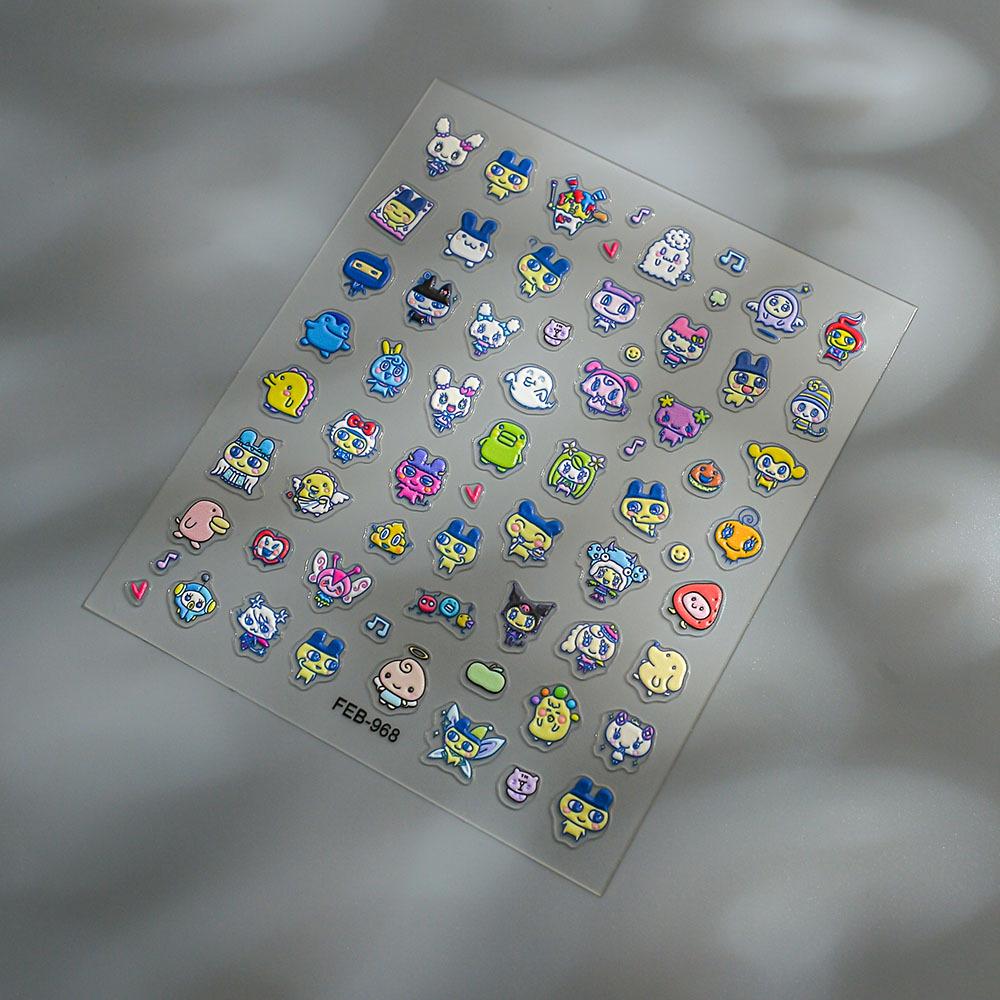 Japanese Retro Tamagotchi 3D Nail Art & Device Stickers - Cute Cartoon Embossed Decals