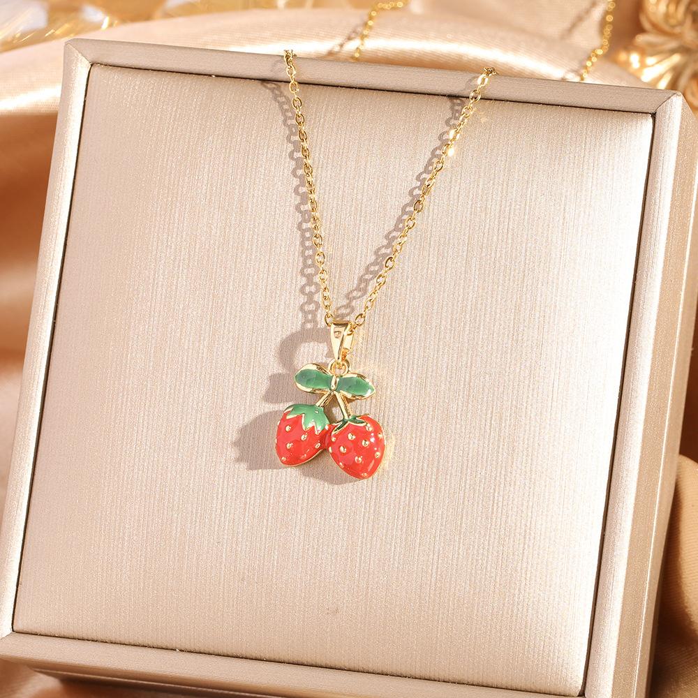 Fashion Zircon Cherry Pendant Titanium Steel Necklace Women's Collarbone Chain Jewelry