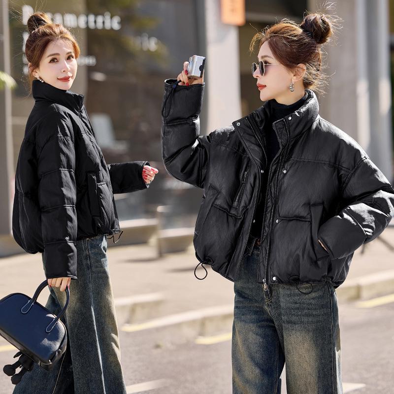 

2024 Зимняя женская теплая куртка из ПУ кожи с воротником-стойкой и пухом белой утки YF2530 XL (135-150 jin) чёрный