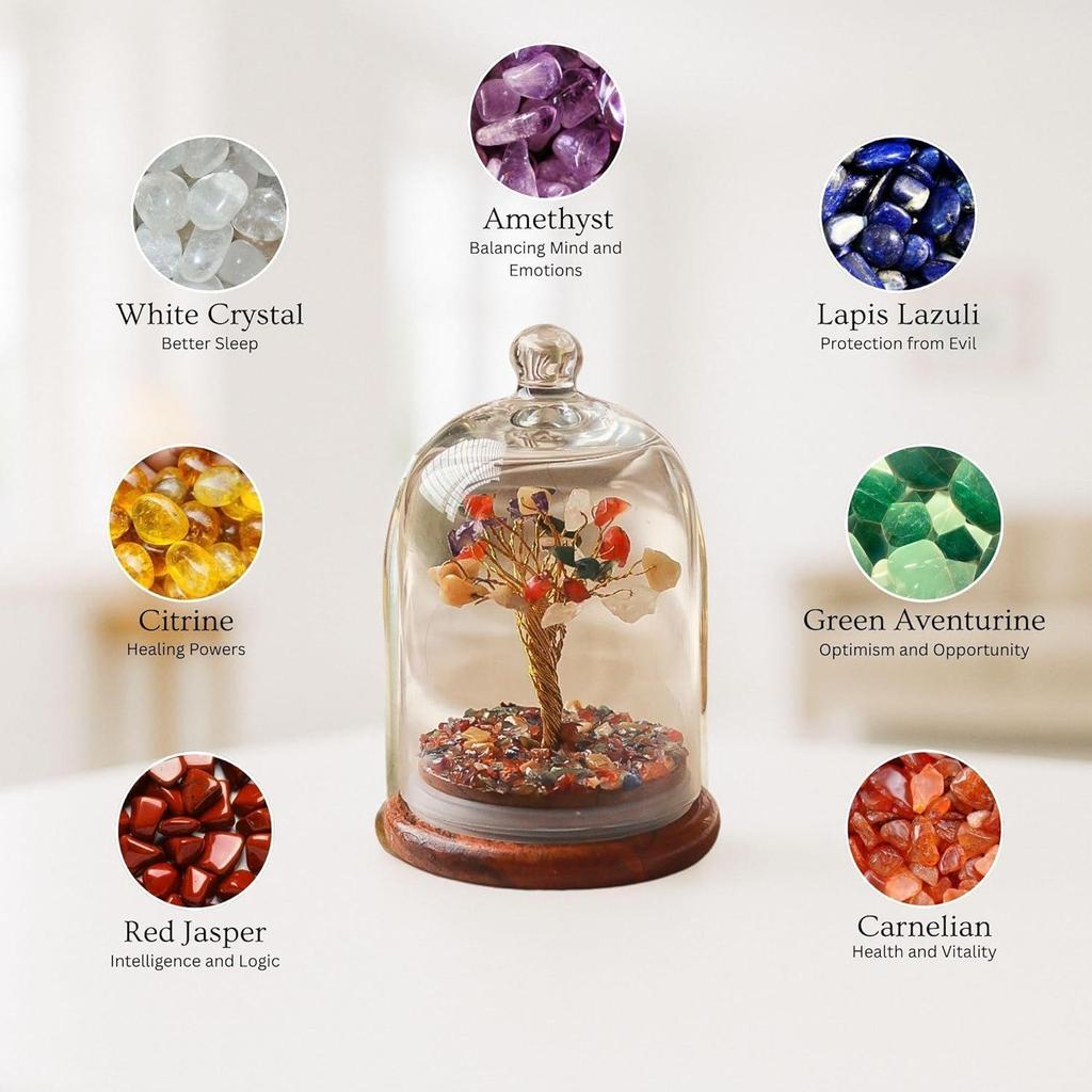 Dome Crystal Chakra Tree | Encased Gemstone Bonsai for Healing, Energy Balance, Meditation |