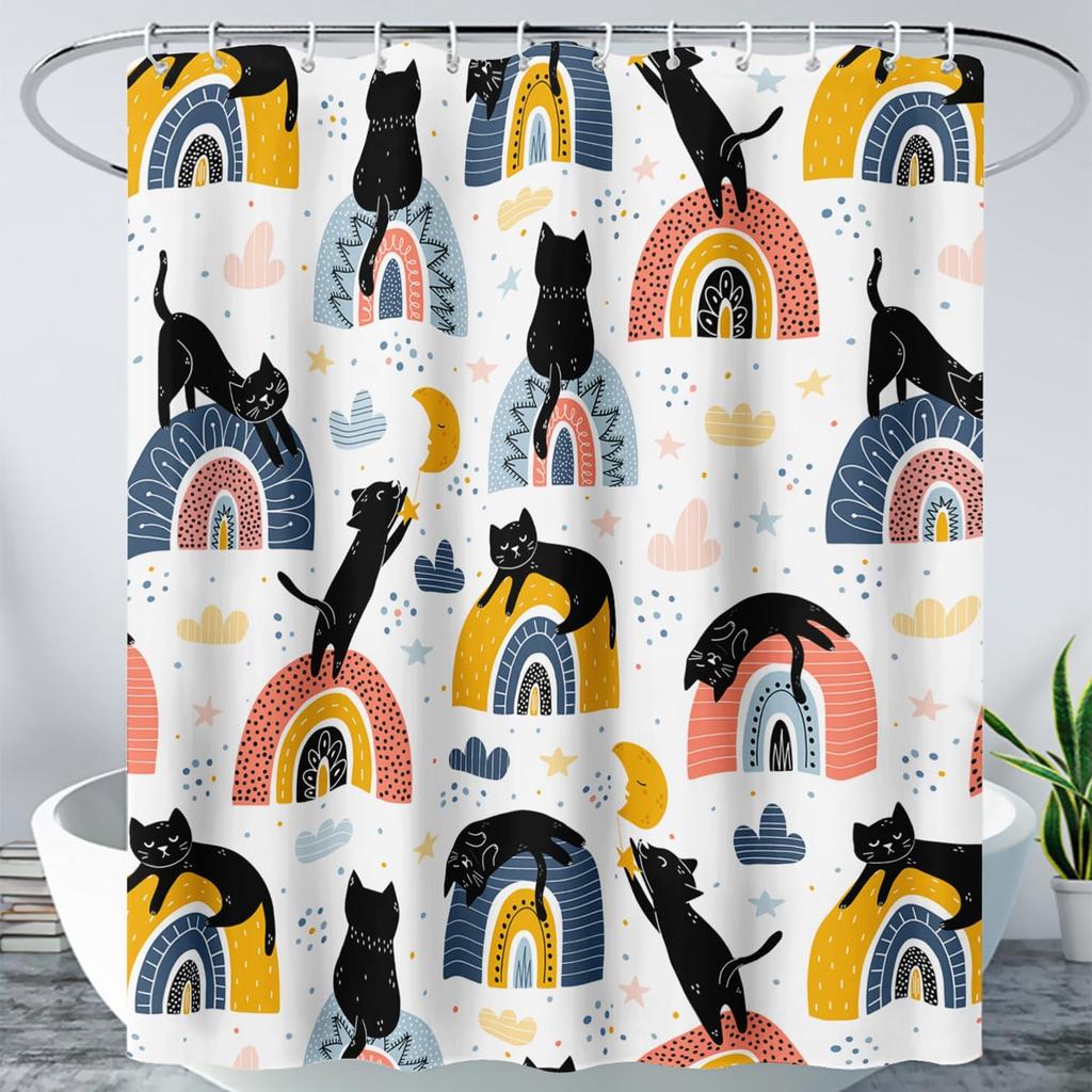Cute Cat Cartoon Pet Cat Kitten Bathroom Curtain,Cat Paw Print Cat Lover Bath Curtain Polyester Waterproof Bathroom Curtain Wi