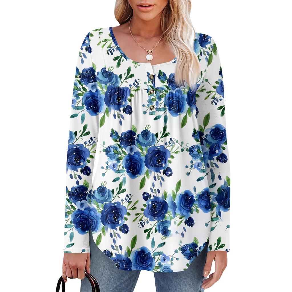 Women's Long Sleeve Tunic Loose Tops Casual Oversized Tops Pleated Tunic Button Down Casual Women's Print Tops